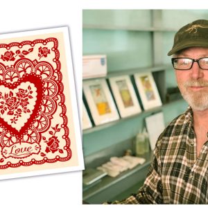 Valentines Day card with Brad Goodell wearing plaid shirt in front of shelves
