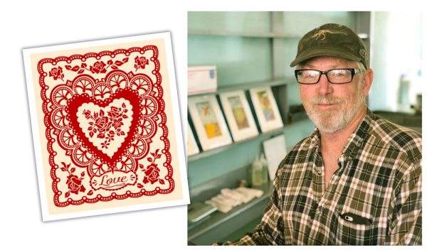 Valentines Day card with Brad Goodell wearing plaid shirt in front of shelves